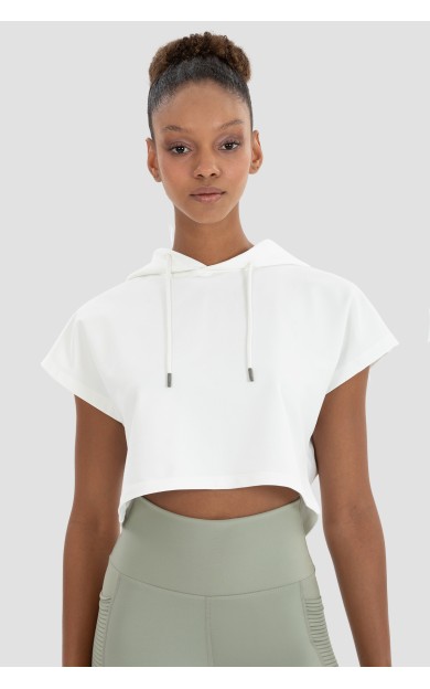 Superstacy Alice Kapüşonlu Kısa Kollu Krem Crop Sweatshirt