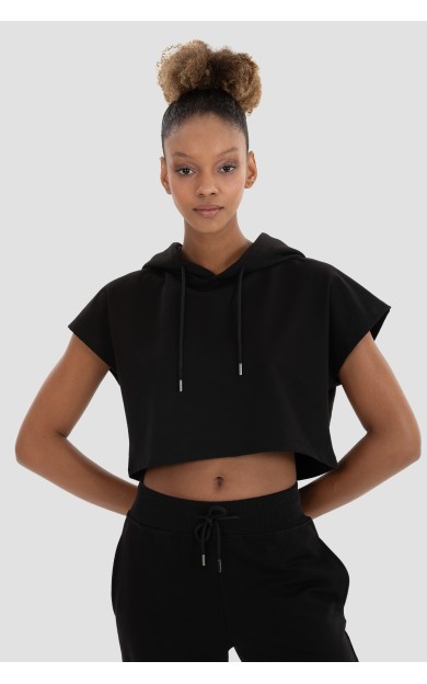 Superstacy Alice Kapüşonlu Kısa Kollu Siyah Crop Sweatshirt